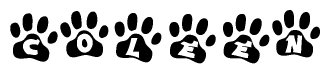 The image shows a series of animal paw prints arranged in a horizontal line. Each paw print contains a letter, and together they spell out the word Coleen.