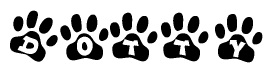 The image shows a series of animal paw prints arranged in a horizontal line. Each paw print contains a letter, and together they spell out the word Dotty.