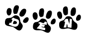 The image shows a row of animal paw prints, each containing a letter. The letters spell out the word Den within the paw prints.