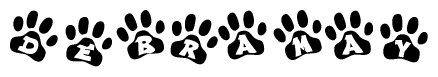 The image shows a series of animal paw prints arranged in a horizontal line. Each paw print contains a letter, and together they spell out the word Debramay.