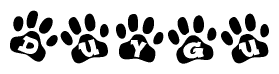 The image shows a series of animal paw prints arranged horizontally. Within each paw print, there's a letter; together they spell Duygu