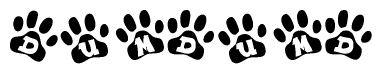The image shows a series of animal paw prints arranged horizontally. Within each paw print, there's a letter; together they spell Dumdumd