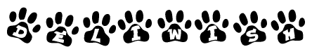 The image shows a series of animal paw prints arranged in a horizontal line. Each paw print contains a letter, and together they spell out the word Deliwish.
