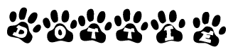 The image shows a row of animal paw prints, each containing a letter. The letters spell out the word Dottie within the paw prints.