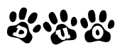 The image shows a series of animal paw prints arranged in a horizontal line. Each paw print contains a letter, and together they spell out the word Duo.