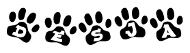 The image shows a series of animal paw prints arranged in a horizontal line. Each paw print contains a letter, and together they spell out the word Desja.
