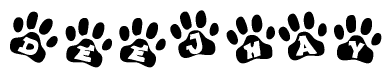 The image shows a series of animal paw prints arranged horizontally. Within each paw print, there's a letter; together they spell Deejhay