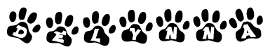 The image shows a series of animal paw prints arranged in a horizontal line. Each paw print contains a letter, and together they spell out the word Delynna.