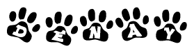 The image shows a series of animal paw prints arranged in a horizontal line. Each paw print contains a letter, and together they spell out the word Denay.