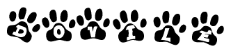 The image shows a series of animal paw prints arranged horizontally. Within each paw print, there's a letter; together they spell Dovile