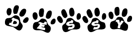 The image shows a series of animal paw prints arranged in a horizontal line. Each paw print contains a letter, and together they spell out the word Dessy.