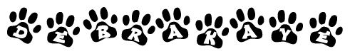 The image shows a series of animal paw prints arranged in a horizontal line. Each paw print contains a letter, and together they spell out the word Debrakaye.
