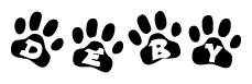 The image shows a series of animal paw prints arranged horizontally. Within each paw print, there's a letter; together they spell Deby