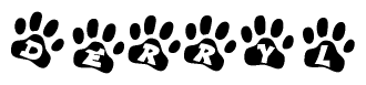 The image shows a row of animal paw prints, each containing a letter. The letters spell out the word Derryl within the paw prints.