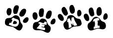 The image shows a row of animal paw prints, each containing a letter. The letters spell out the word Demi within the paw prints.