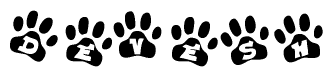 The image shows a series of animal paw prints arranged in a horizontal line. Each paw print contains a letter, and together they spell out the word Devesh.
