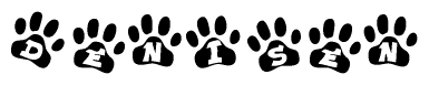 The image shows a series of animal paw prints arranged horizontally. Within each paw print, there's a letter; together they spell Denisen