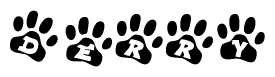 The image shows a series of animal paw prints arranged in a horizontal line. Each paw print contains a letter, and together they spell out the word Derry.