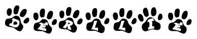 The image shows a row of animal paw prints, each containing a letter. The letters spell out the word Derllie within the paw prints.