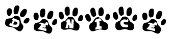 The image shows a series of animal paw prints arranged horizontally. Within each paw print, there's a letter; together they spell Denice