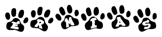 The image shows a row of animal paw prints, each containing a letter. The letters spell out the word Ermias within the paw prints.