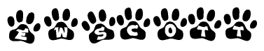 The image shows a row of animal paw prints, each containing a letter. The letters spell out the word Ewscott within the paw prints.