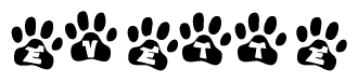 The image shows a series of animal paw prints arranged horizontally. Within each paw print, there's a letter; together they spell Evette