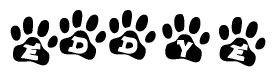 The image shows a series of animal paw prints arranged in a horizontal line. Each paw print contains a letter, and together they spell out the word Eddye.