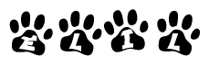 The image shows a series of animal paw prints arranged in a horizontal line. Each paw print contains a letter, and together they spell out the word Elil.