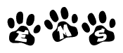 The image shows a row of animal paw prints, each containing a letter. The letters spell out the word Ems within the paw prints.