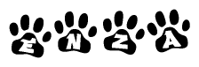 The image shows a series of animal paw prints arranged in a horizontal line. Each paw print contains a letter, and together they spell out the word Enza.