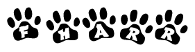 The image shows a row of animal paw prints, each containing a letter. The letters spell out the word Fharr within the paw prints.