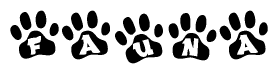 The image shows a series of animal paw prints arranged in a horizontal line. Each paw print contains a letter, and together they spell out the word Fauna.
