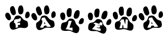 The image shows a series of animal paw prints arranged in a horizontal line. Each paw print contains a letter, and together they spell out the word Falena.