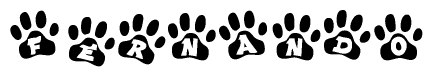 The image shows a row of animal paw prints, each containing a letter. The letters spell out the word Fernando within the paw prints.