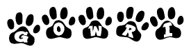 The image shows a series of animal paw prints arranged horizontally. Within each paw print, there's a letter; together they spell Gowri
