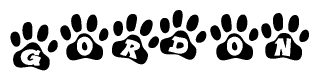 The image shows a series of animal paw prints arranged in a horizontal line. Each paw print contains a letter, and together they spell out the word Gordon.