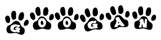 The image shows a series of animal paw prints arranged horizontally. Within each paw print, there's a letter; together they spell Googan