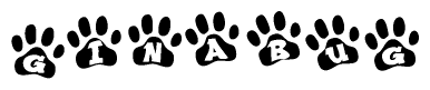 The image shows a series of animal paw prints arranged in a horizontal line. Each paw print contains a letter, and together they spell out the word Ginabug.
