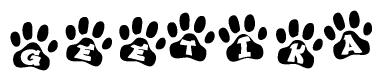 The image shows a series of animal paw prints arranged in a horizontal line. Each paw print contains a letter, and together they spell out the word Geetika.