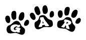 The image shows a series of animal paw prints arranged horizontally. Within each paw print, there's a letter; together they spell Gar