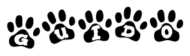 The image shows a row of animal paw prints, each containing a letter. The letters spell out the word Guido within the paw prints.