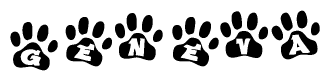 The image shows a row of animal paw prints, each containing a letter. The letters spell out the word Geneva within the paw prints.