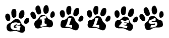 The image shows a series of animal paw prints arranged in a horizontal line. Each paw print contains a letter, and together they spell out the word Gilles.