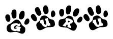 The image shows a series of animal paw prints arranged horizontally. Within each paw print, there's a letter; together they spell Guru