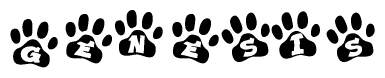 The image shows a series of animal paw prints arranged in a horizontal line. Each paw print contains a letter, and together they spell out the word Genesis.