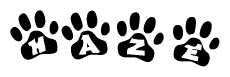 The image shows a series of animal paw prints arranged in a horizontal line. Each paw print contains a letter, and together they spell out the word Haze.