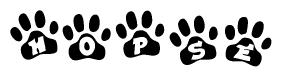 The image shows a series of animal paw prints arranged in a horizontal line. Each paw print contains a letter, and together they spell out the word Hopse.