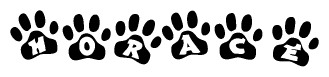 The image shows a row of animal paw prints, each containing a letter. The letters spell out the word Horace within the paw prints.