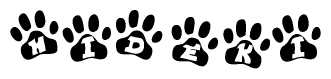 The image shows a series of animal paw prints arranged in a horizontal line. Each paw print contains a letter, and together they spell out the word Hideki.